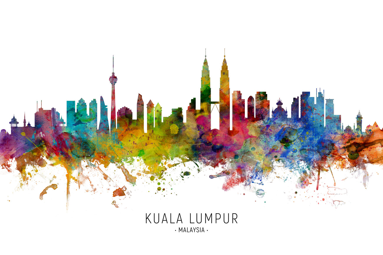 木彫絵画　Kuala Lumpur skyscrapers. (マレーシア) Poster Kuala Lumpur Malaysia Skyline Cityscape Painting Watercolor