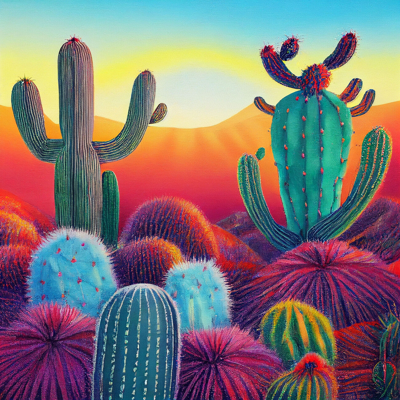 fall color painting, Sunset on Cactus Plateaus, Desert Bloom Plakat, Poster  online p Europosters