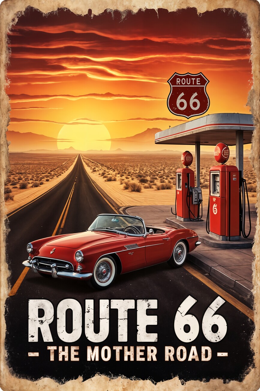 Poster Nostalgic Adventure: Route 66 at Sunset | Wall Art | 3+1 FREE |  UKposters
