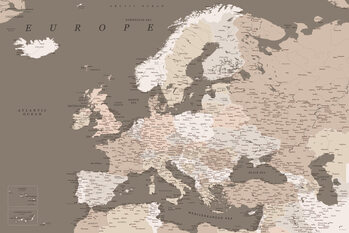 Poster Detailed map of Europe in earth tones