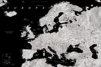 Poster Black and grey detailed map of Europe in watercolor