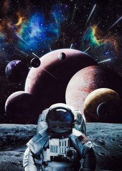Poster Astronaut on moon and a Lot of Planets