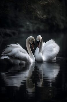 Poster Beautiful romantic swans, lake setting