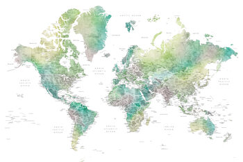 Poster Watercolor world map with cities in muted green, Oriole