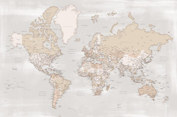 Poster Rustic detailed world map with cities, Lucille