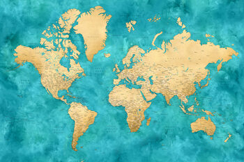 Poster Detailed world map with cities in gold and teal watercolor, Lexy