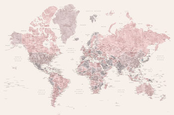 Poster Detailed watercolor world map in dusty pink and cream, Madelia