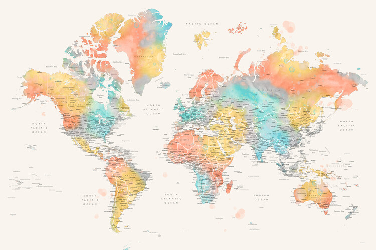 Poster Detailed colorful watercolor world map, Fifi