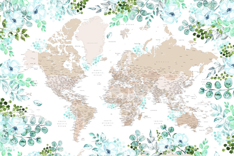 Canvas Print Floral bohemian world map with cities, Leanne