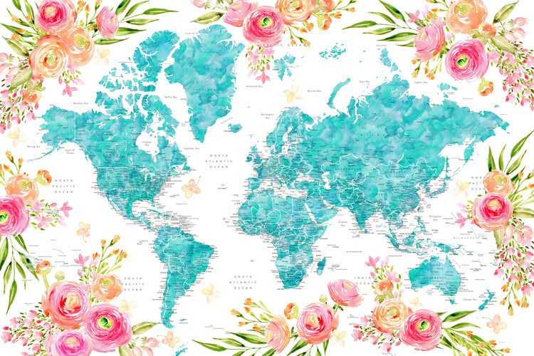 Canvas Print Floral bohemian world map with cities, Halen
