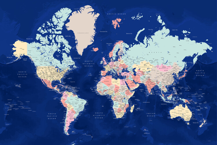 Poster Blue and pastels detailed world map