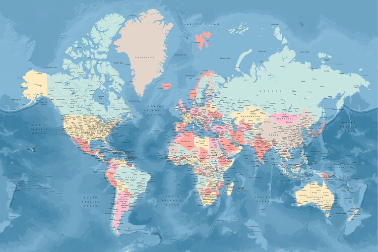 Plakat Light blue and pastels detailed world map