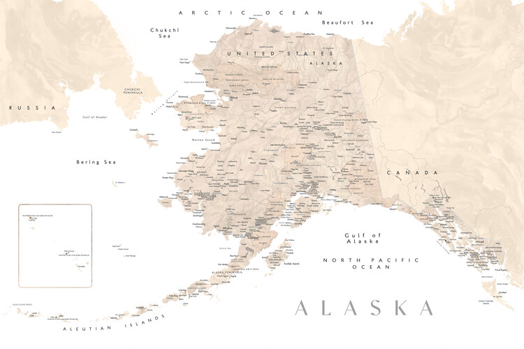 Poster Detailed map of Alaska in neutral watercolor