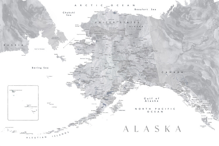 Poster Detailed map of Alaska in grayscale watercolor