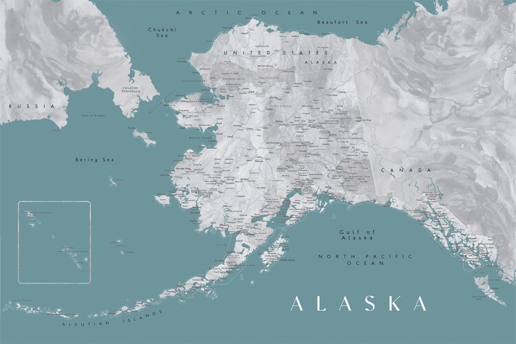 Canvas Print Detailed map of Alaska en teal and grey watercolor
