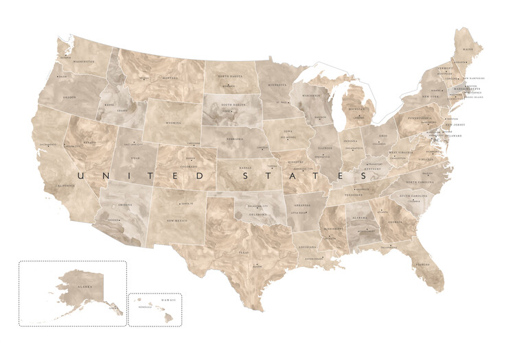 Poster Neutral watercolor map of the US with state capitals