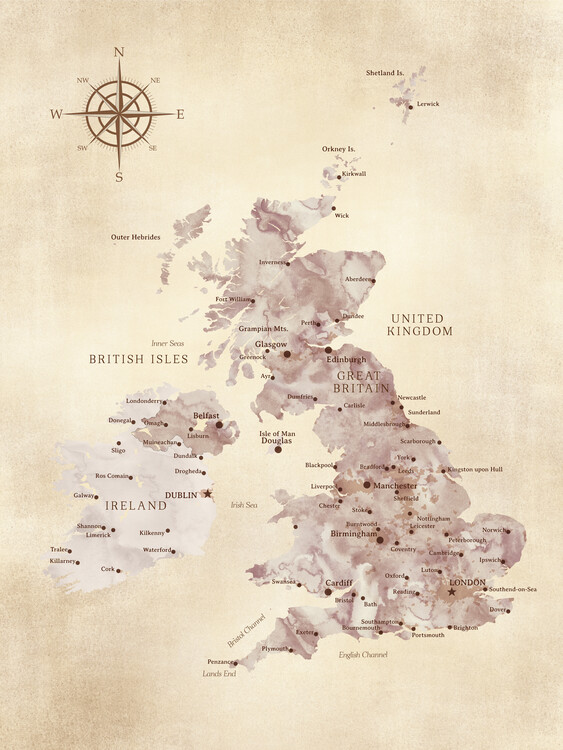 Poster Sepia distressed map of the British Islands