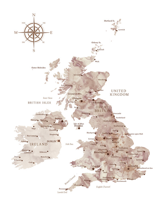 Poster Brown watercolor map of the British Islands