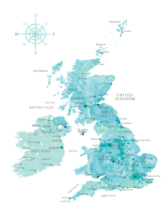 Poster Aquamarine watercolor map of the British Islands
