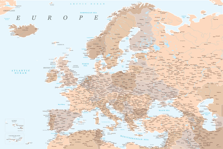 Canvas Print Light brown and blue detailed map of Europe