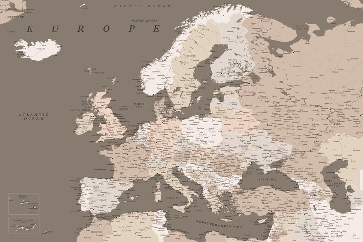 Canvas Print Detailed map of Europe in earth tones