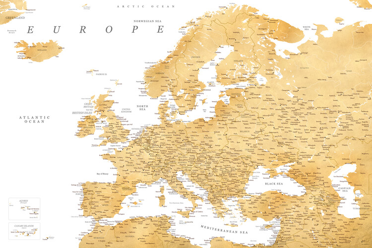 Canvas Print Detailed map of Europe in gold