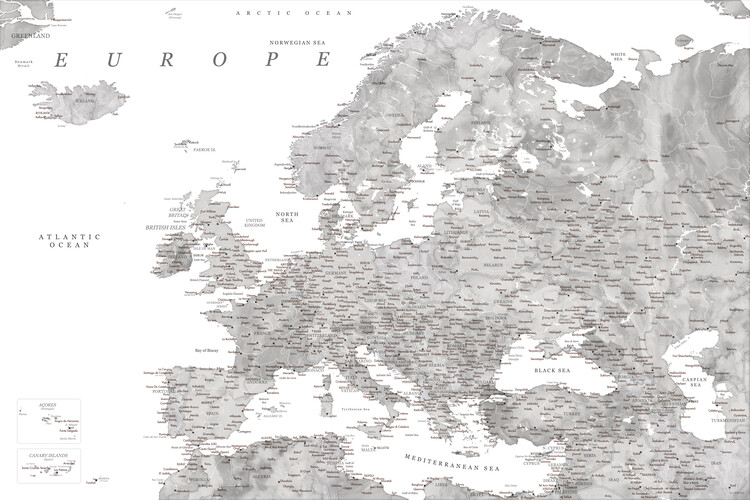Poster Detailed map of Europe in gray watercolor