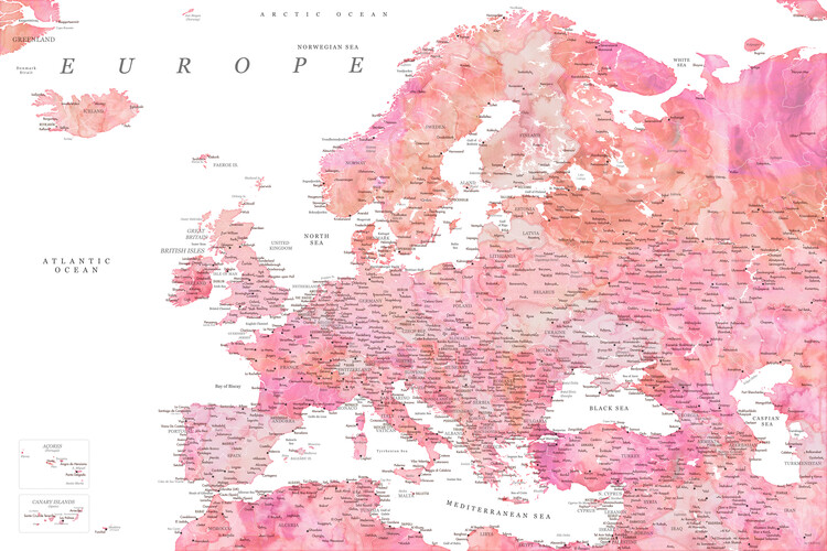 Canvas Print Detailed map of Europe in pink watercolor