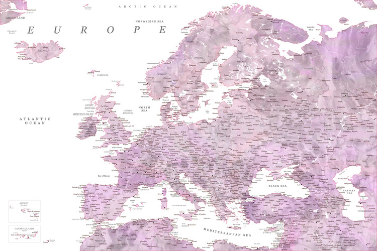 Canvas Print Detailed map of Europe in mauve watercolor