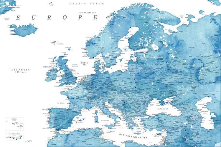 Poster Detailed map of Europe in blue watercolor