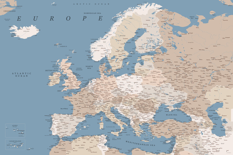 Canvas Print Detailed map of Europe in blue and taupe