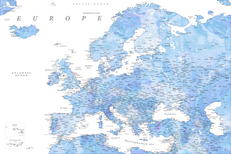 Canvas Print Detailed map of Europe in shades of blue watercolor