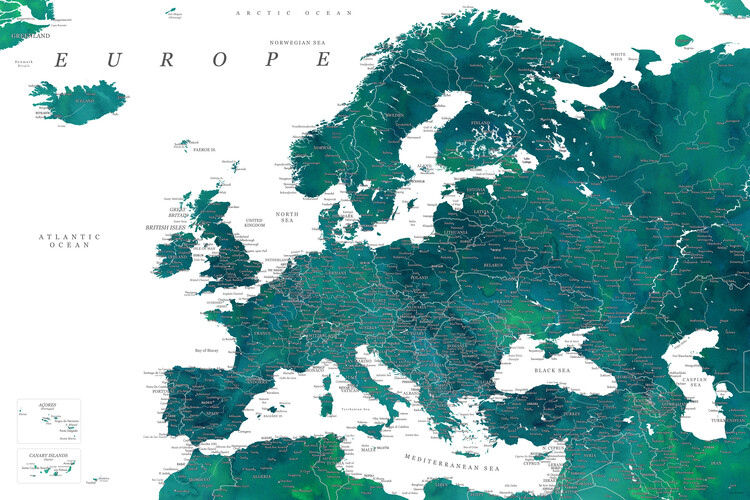 Poster Teal detailed map of Europe in watercolor