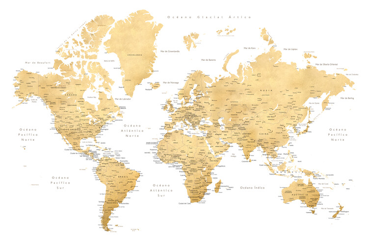 Bild auf Leinwand World map with labels in Spanish, gold effect
