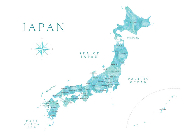 Poster Map of Japan in aquamarine watercolor