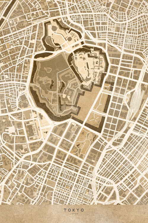 Canvas-taulu Map of Tokyo, Japan, in sepia vintage style