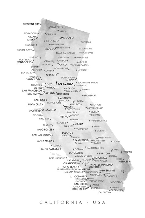 Plakát Map of California in gray watercolor