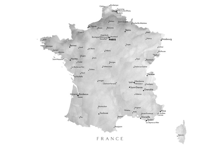 Poster Map of France in gray watercolor