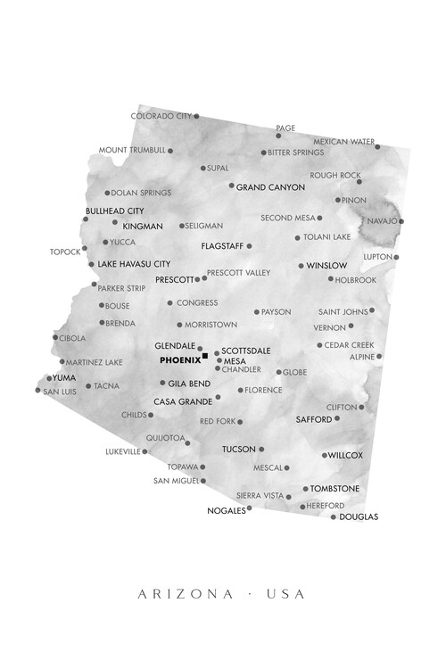 Poster Map of Arizona in gray watercolor