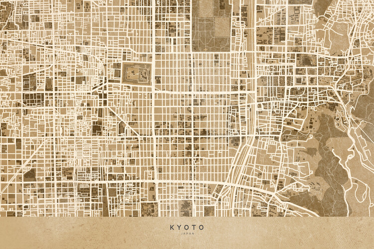 Canvas Print Map of Kyoto, Japan, in sepia vintage style