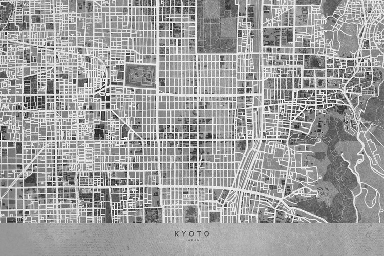 Canvas Print Map of Kyoto, Japan, in gray vintage style