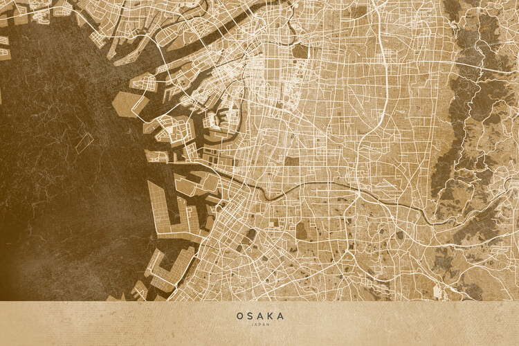 Canvas Print Map of Osaka, Japan, in sepia vintage style