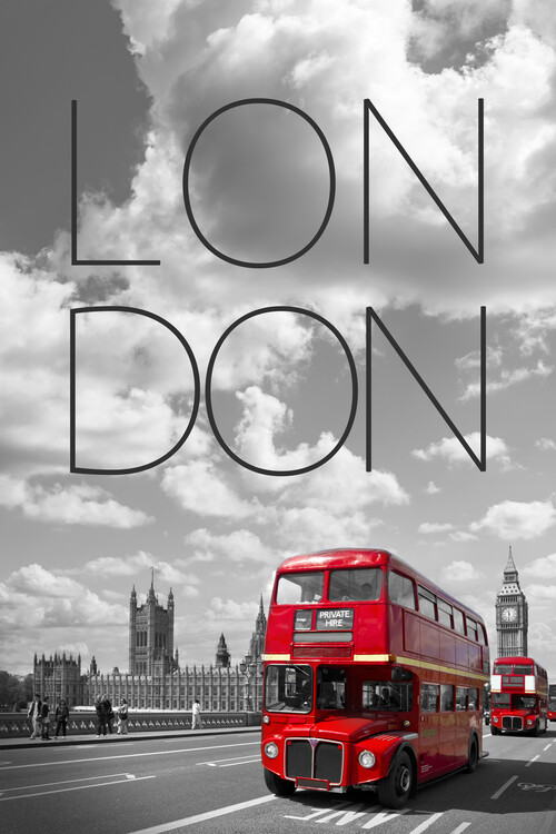 Poster Red Buses in London | Text & Skyline