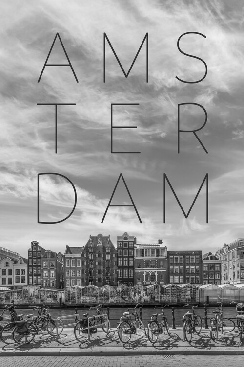 Poster AMSTERDAM Singel Canal with Flower Market | Text & Skyline