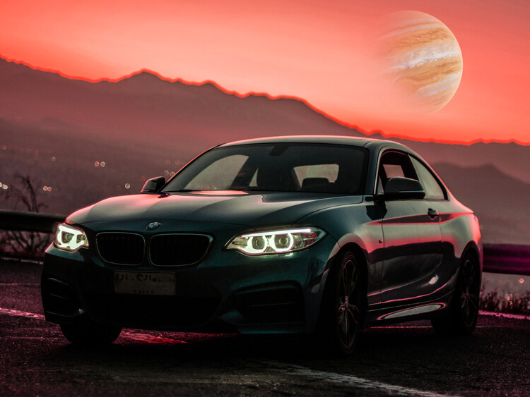 Poster Car in the Sunset with Space Planet
