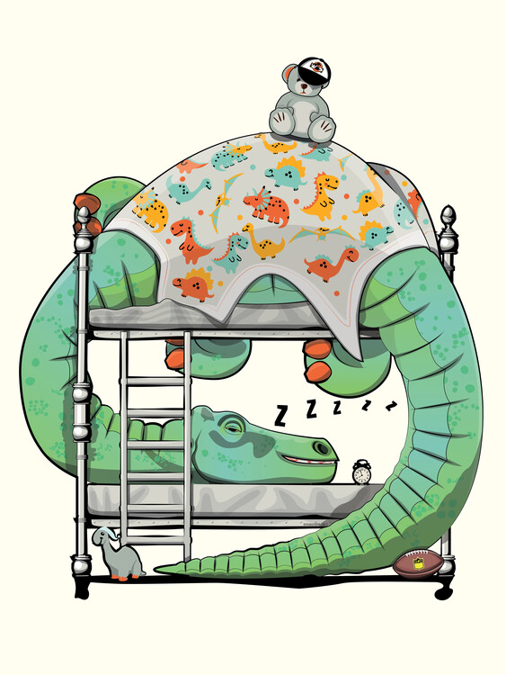 Poster Diplodocus dinosaur sleeping in bed