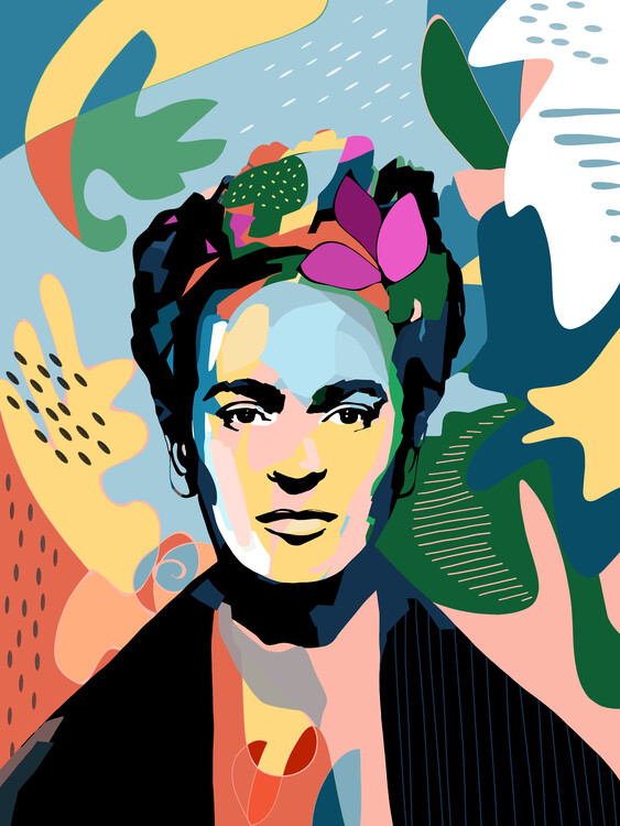 Poster Mexican woman with flowers in her hair; Frida with flowers