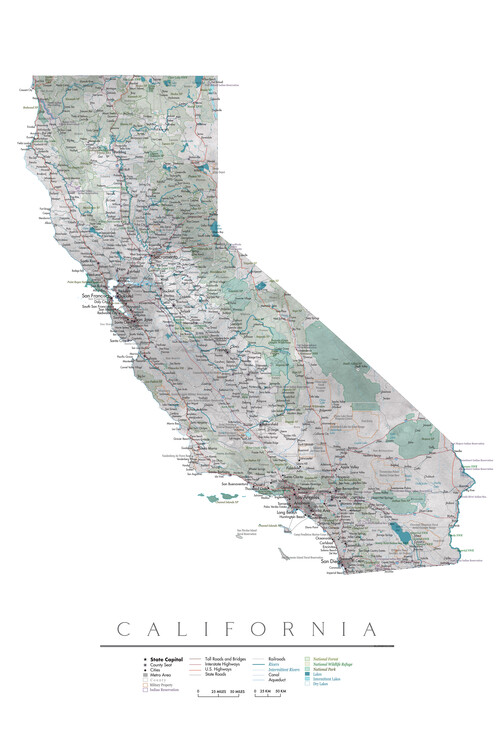Plakat California USA detailed state map