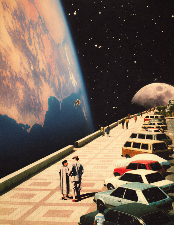 Poster Space Promenade - Retro-Futuristic Collage Art