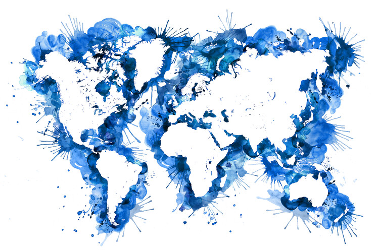 Poster Cobalt blue splatters world map silhouette
